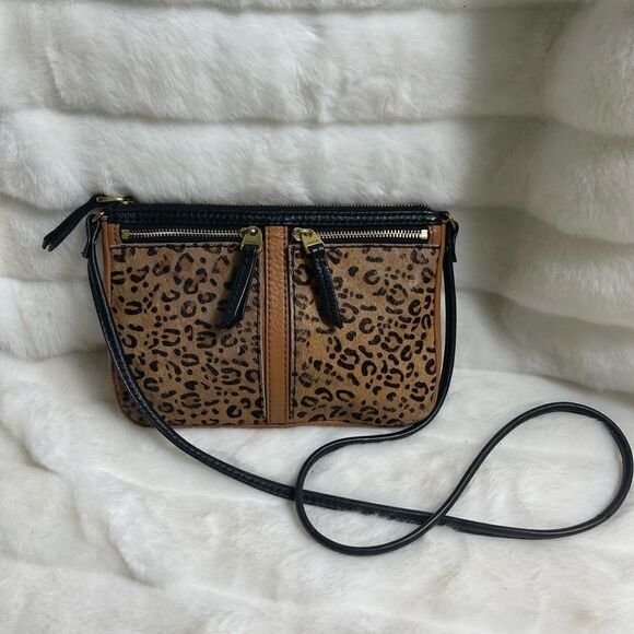 Fossil leather calf hair cheetah prints & tan pebble leather crossbody b… - Picture 1 of 9